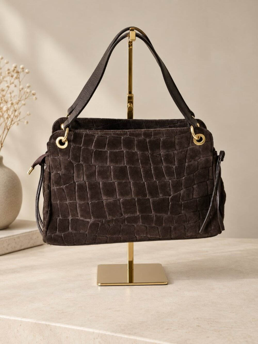 Dark Chocolate Suede Bag, Italian Leather Shoulder Purse, Embossed Suede Handbag